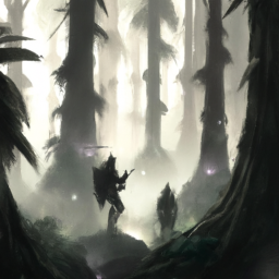 A misty forest with two figures in the foreground, one with a backpack and the other with a sword.