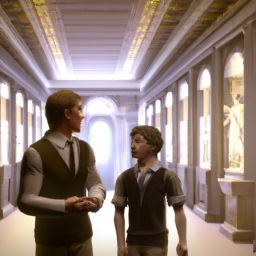  An eerie museum hallway with ancient Greek and Roman artifacts. In the foreground, a troubled twelve-year-old boy named Percy stands with his Latin teacher.