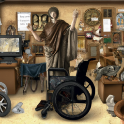  'A cluttered classroom filled with Roman artifacts and a motorized wheelchair. In the foreground, a scruffy, thin-haired teacher welcomes students.'