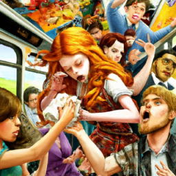  A crowded bus hurtles towards New York City. In the foreground, a scrawny boy with acne and a wispy beard cries as a red-headed girl pummels him with a sandwich.