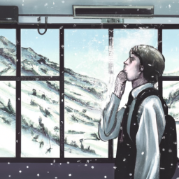A student in a classroom takes a deep breath, surrounded by the snowy landscape outside.